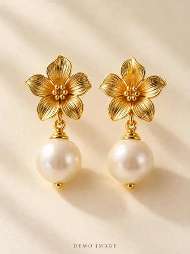 AI-generated demo image of Pearl Drop Earrings; fictional gold-plated jewellery