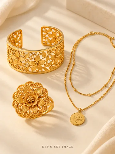 AI-generated demo image of Rosette Layered Set; fictional gold-plated jewellery