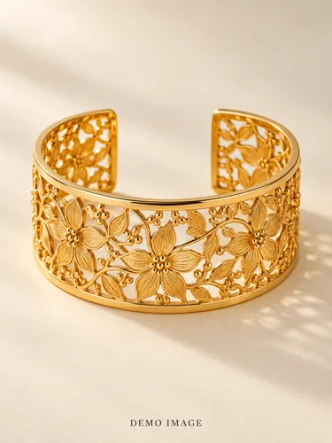 AI-generated demo image of Floral Cuff Bracelet; fictional gold-plated jewellery