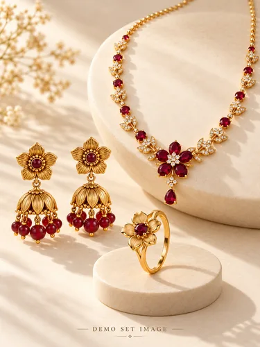 AI-generated demo image of Floral Trio Set; fictional gold-plated jewellery