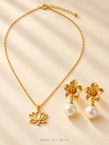 AI-generated demo image of Lotus and Pearl Set; fictional gold-plated jewellery