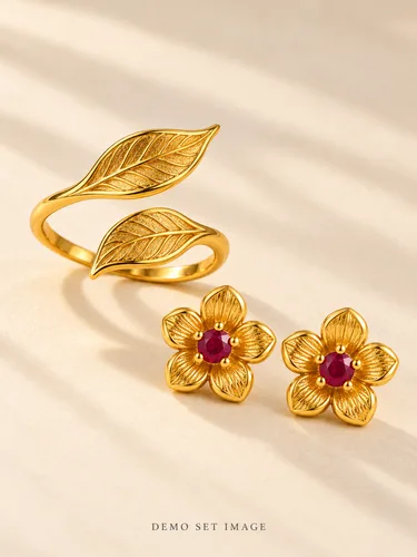 AI-generated demo image of Leaf and Petal Set; fictional gold-plated jewellery